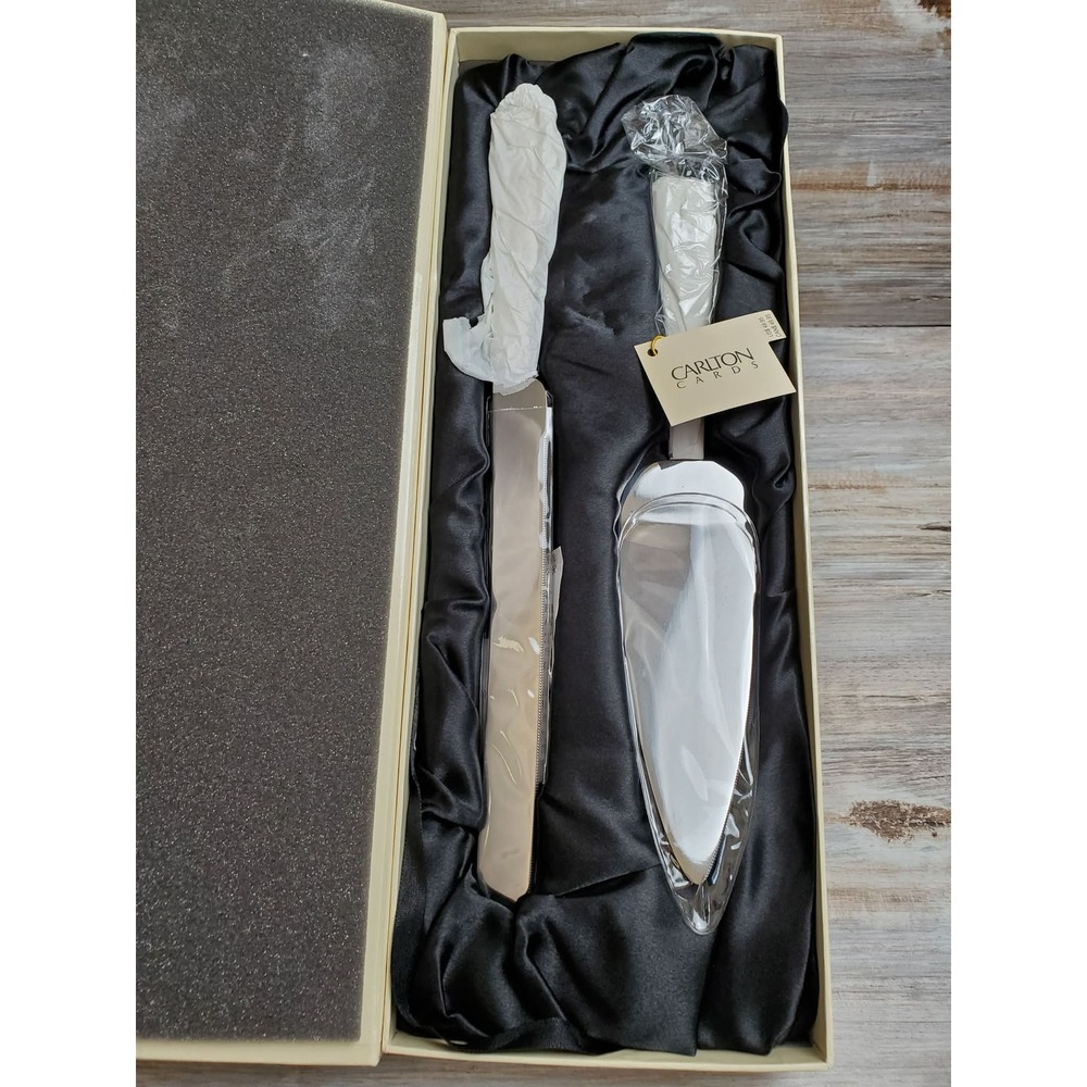 Carlton Cards Wedding Cake Server and Knife Set Silver Scroll Rhinestone NWT